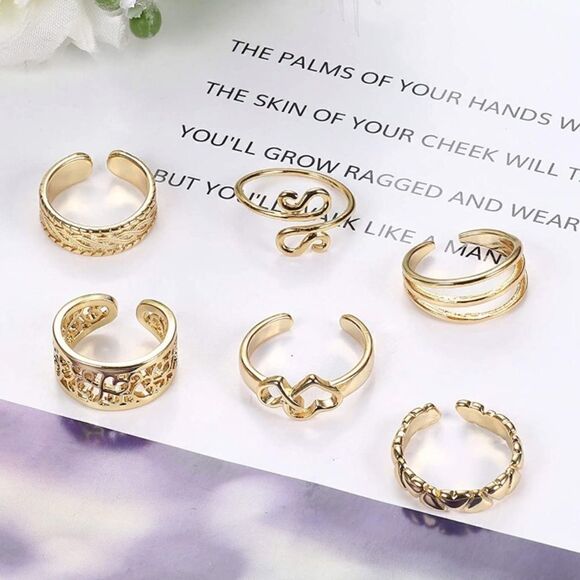 14K Yellow Gold Adjustable Boho Open Toe Rings - Set of 12 - Picture 3 of 6